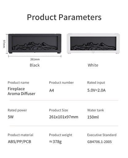 Fireplace Flame Effect Aromatherapy Diffuser – Ultra-Quiet Humidifier with LED Flame Simulation