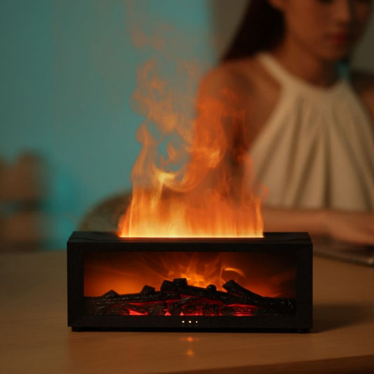 Fireplace Flame Effect Aromatherapy Diffuser – Ultra-Quiet Humidifier with LED Flame Simulation